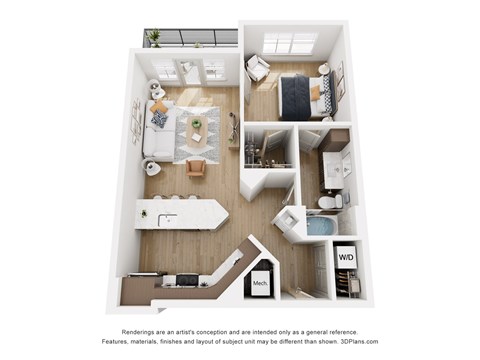 Floor plan for 1 bed, 1 bath, 764 sqft